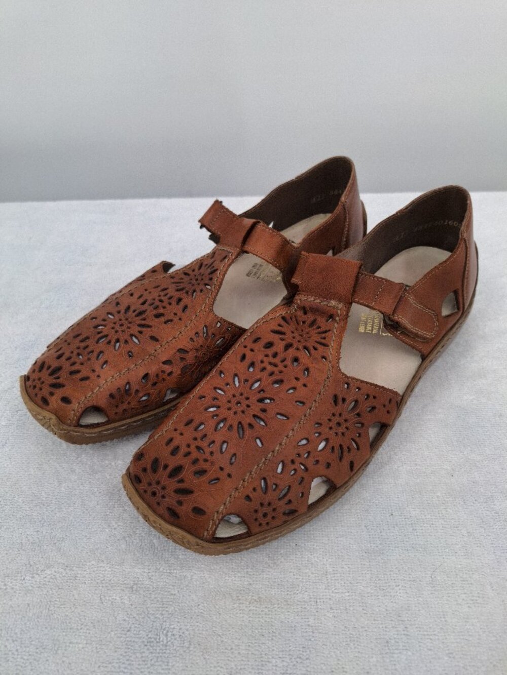 Rieker Shoes Womens 41 Anti-Stress Floral Cut Mary Jane T-Strap Brown Leather - Picture 2 of 16